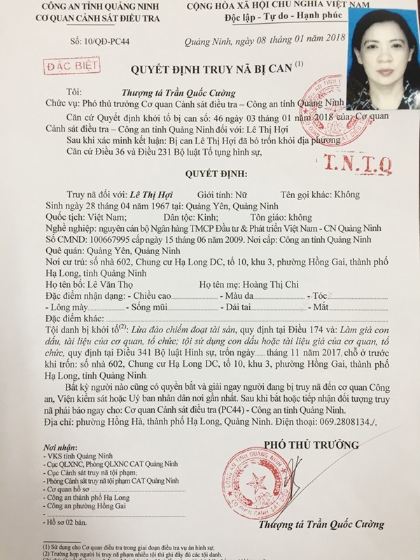 Phát lệnh truy nã nguyên cán bộ ngân hàng lừa đảo chiếm đoạt hơn 1 tỉ đồng - 1 Lệnh truy nã Lê Thị Hợi, nguyên cán bộ ngân hàng