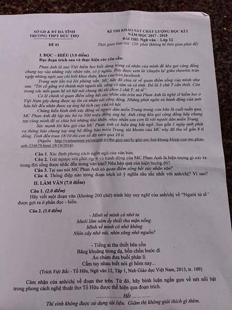 MC Phan Anh nói gì khi được đưa vào đề thi Văn lớp 12 ở Hà Tĩnh? - 1 Đền thi khảo sát chất lượng học kỳ 1 năm học 2017 - 2018 của trường THPT Đức Thọ - Hà Tĩnh.