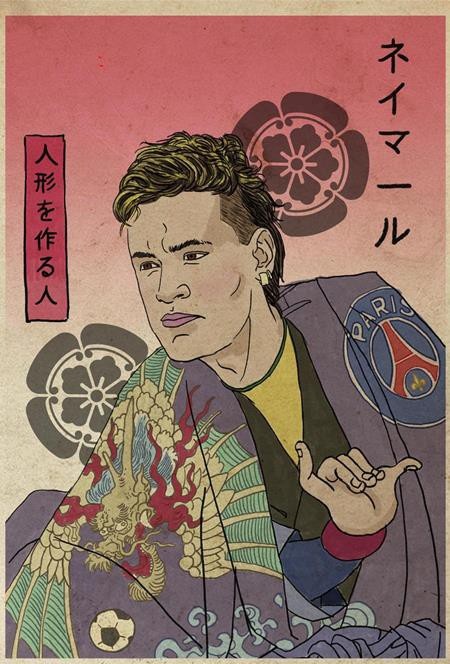 Messi, C.Ronado, Neymar đồng loạt hóa Samurai dưới góc nhìn hội họa - 1 Họa sĩ người Ý Pupazzaro đã khiến rất nhiều fans thích thú với bức vẽ “samurai” Neymar mặc áo choàng, một bên thêu hình rồng, một bên thêu logo PSG. Mái tóc bồng bềnh, khuyên tai cá tính và “mặt hoa da phấn”, đúng như lối sống xa hoa, hào nhoáng của chàng cầu thủ đắt giá nhất hành tinh. Một điều đáng chú ý nữa là động tác ăn mừng bàn thắng rất quen thuộc của Neymar.