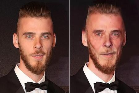 Thủ thành David De Gea thì lại chẳng may mắn được như các đồng nghiệp. Do sở hữu gương mặt dài và chân cằm nhọn nên càng có tuổi, trông De Gea càng có phần gầy gò, xuống sắc.