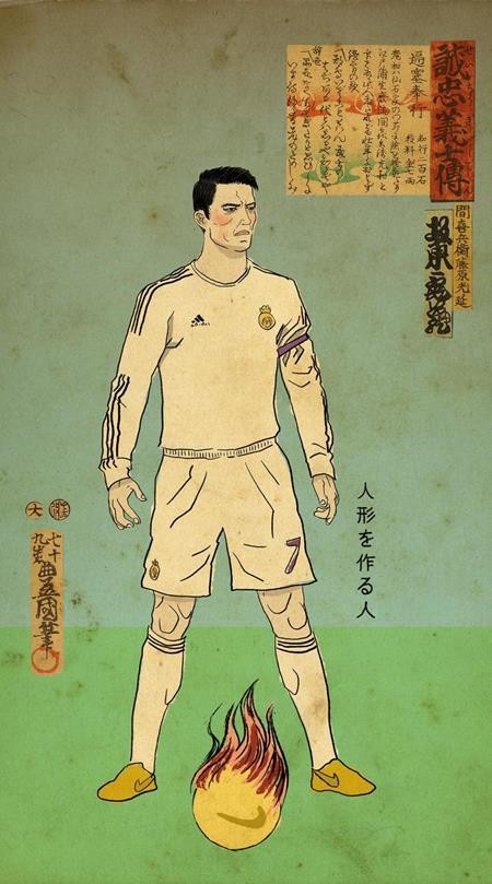 Messi, C.Ronado, Neymar đồng loạt hóa Samurai dưới góc nhìn hội họa - 4 Chỉ có mình C.Ronaldo là giữ nguyên dáng vẻ của một cầu thủ. Tuy nhiên, quả bóng dưới chân CR7 cũng đang bốc cháy.