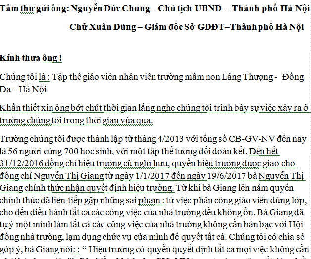 Hà Nội: 35 giáo viên, nhân viên gửi tâm thư đến Chủ tịch UBND thành phố - 1 Trích tâm thư gửi Chủ tịch UBND Thành phố Hà Nội và Giám đốc Sở GD&ĐT thành phố