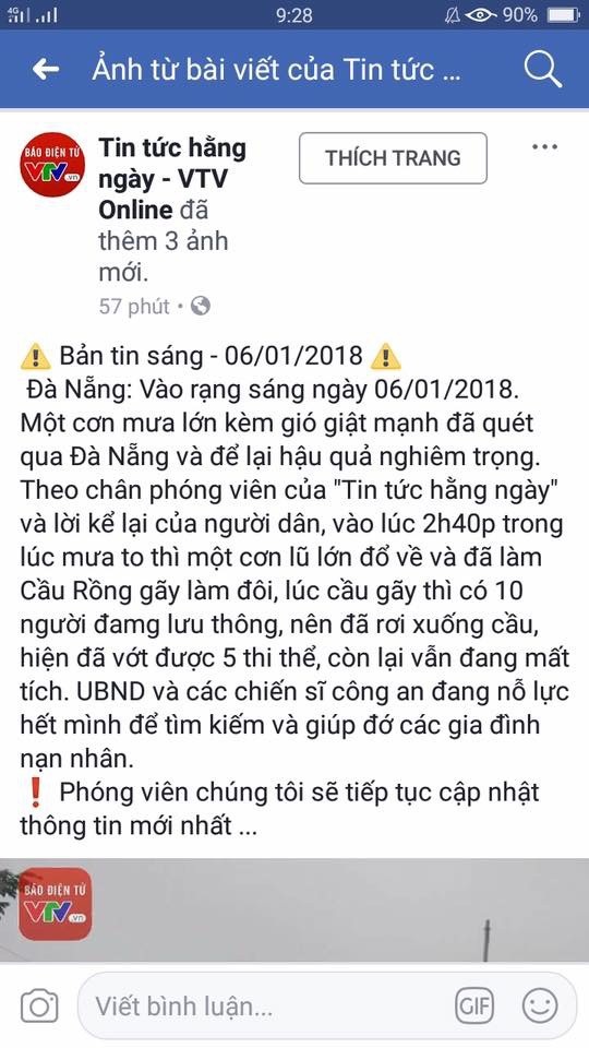 Trang Facebook mạo danh VTV đăng tin "cầu Rồng gãy đôi" - 1
Trang fanpage mạo danh VTV trên Facebook đăng tin thất thiệt.