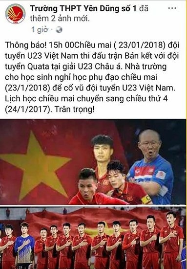 Nhiều trường cho học sinh nghỉ để cổ vũ U23 Việt Nam - 1 Thông báo nghỉ học ngoại khóa của Trường THPT Yên Dũng, số 1 Bắc Giang để học sinh và giáo viên cổ vũ bóng đá.