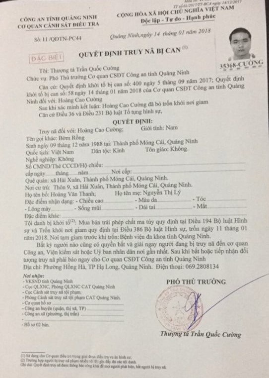 Truy nã 2 can phạm bỏ trốn khi được đưa đi chữa bệnh - 2
Quyết định truy nã Hoàng Cao Cường