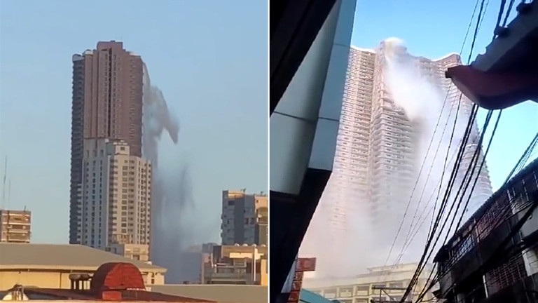 Khoảnh khắc nhà chọc trời Philippines thành thác nước do bể bơi tràn vì động đất