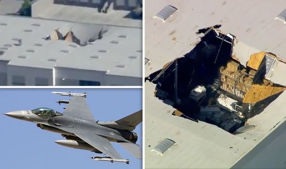 Máy bay chiến đấu F-16 mang vũ khí đâm thủng nóc nhà ở California