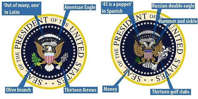 Ông Trump phát biểu trước huy hiệu tổng thống giả in hình đại bàng Nga