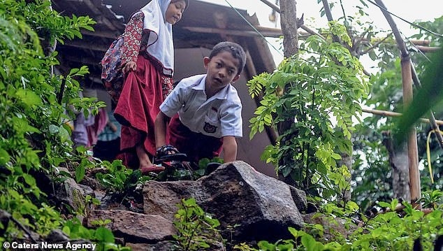 Indonesia: Nghị lực của cậu bé khuyết tật bò tới trường mỗi ngày - 1
Cậu bé Adul bò tới trường qua những bậc thang dốc và những con đường gập ghềnh trong rừng.