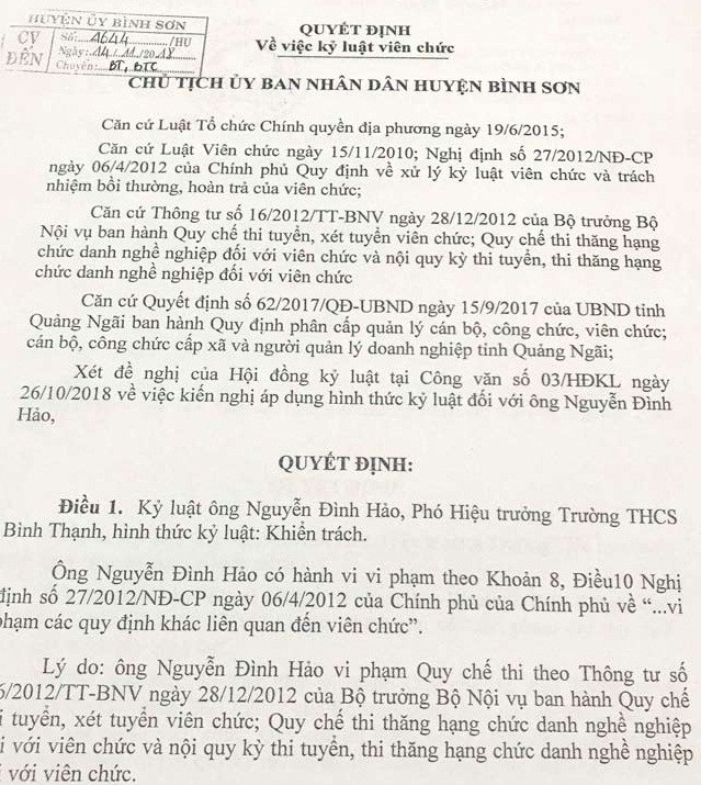 Quảng Ngãi: Chủ tịch Hội đồng thi giáo viên có sai phạm “tự phê bình nghiêm khắc” - 1 Một số cán bộ tại Hội đồng thi tuyển giáo viên huyện Bình Sơn bị kỷ luật Khiển trách