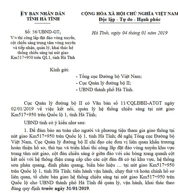 Hà Tĩnh khẩn cấp đề nghị Tổng cục Đường bộ xử lí “ngã tư chết người” - 1 Công văn của UBND tỉnh Hà Tĩnh gửi Tổng cục đường bộ ngày 4/1/2019