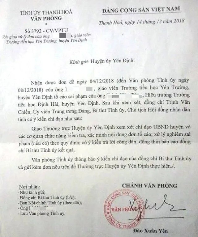 Hiệu trưởng trường Tiểu học bị tố cưỡng dâm cấp dưới nhiều năm liền - 2 Ý kiến chỉ đạo của ông Trịnh Văn Chiến, Bí thư tỉnh ủy Thanh Hóa.