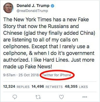 Nhân viên Huawei bị phạt vì gửi lời tweet chúc mừng năm mới bằng iPhone - 3 Đoạn tweet ông Trump phủ nhận việc dùng iPhone, được đăng từ một chiếc iPhone.