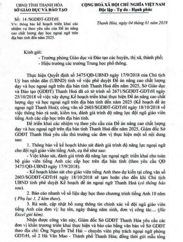 Thanh Hóa: Tạm hoãn kế hoạch khảo sát cho giáo viên tiếng Anh - Ảnh 1. Thanh Hóa: Tạm hoãn kế hoạch khảo sát cho giáo viên tiếng Anh - Ảnh 1.