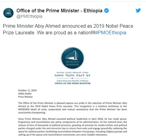 Nhà lãnh đạo trẻ nhất châu Phi giành giải Nobel Hòa bình 2019