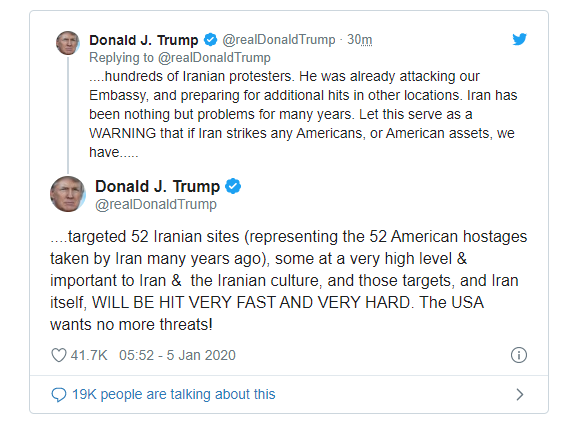 Ông Trump dọa tấn công 52 mục tiêu của Iran