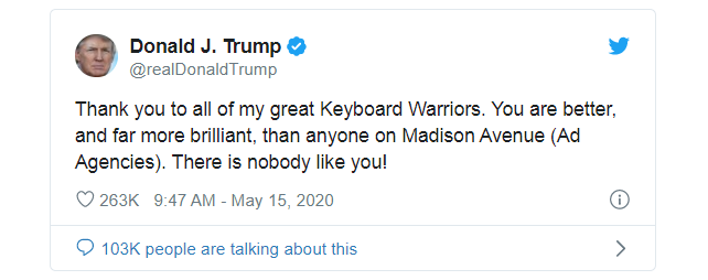 Ông Trump cảm ơn các “anh hùng bàn phím”