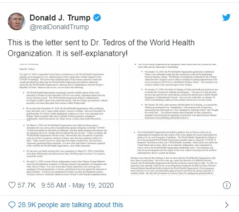 Ông Trump gửi tối hậu thư cho WHO, dọa cắt tài trợ vĩnh viễn