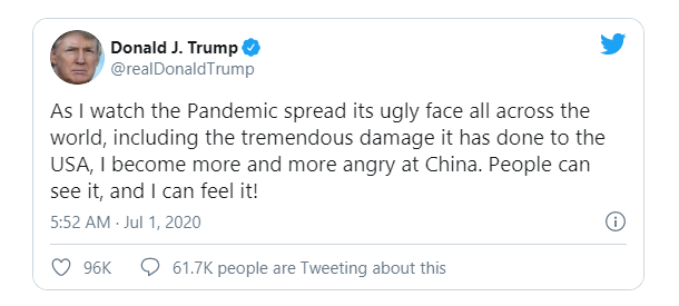 Ông Trump ngày càng tức giận với Trung Quốc vì Covid-19