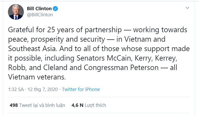 Cựu Tổng thống Clinton: "Biết ơn 25 năm quan hệ đối tác Việt - Mỹ"