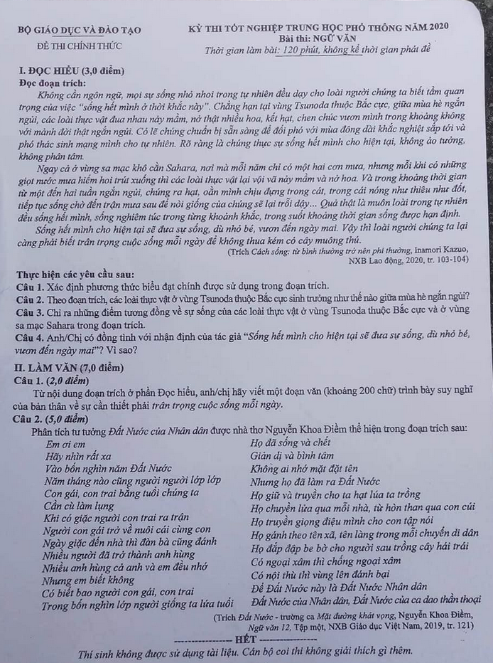 Đề thi Văn tốt nghiệp THPT 2020: Đất nước v&agrave; tr&acirc;n trọng cuộc sống mỗi ng&agrave;y - 2