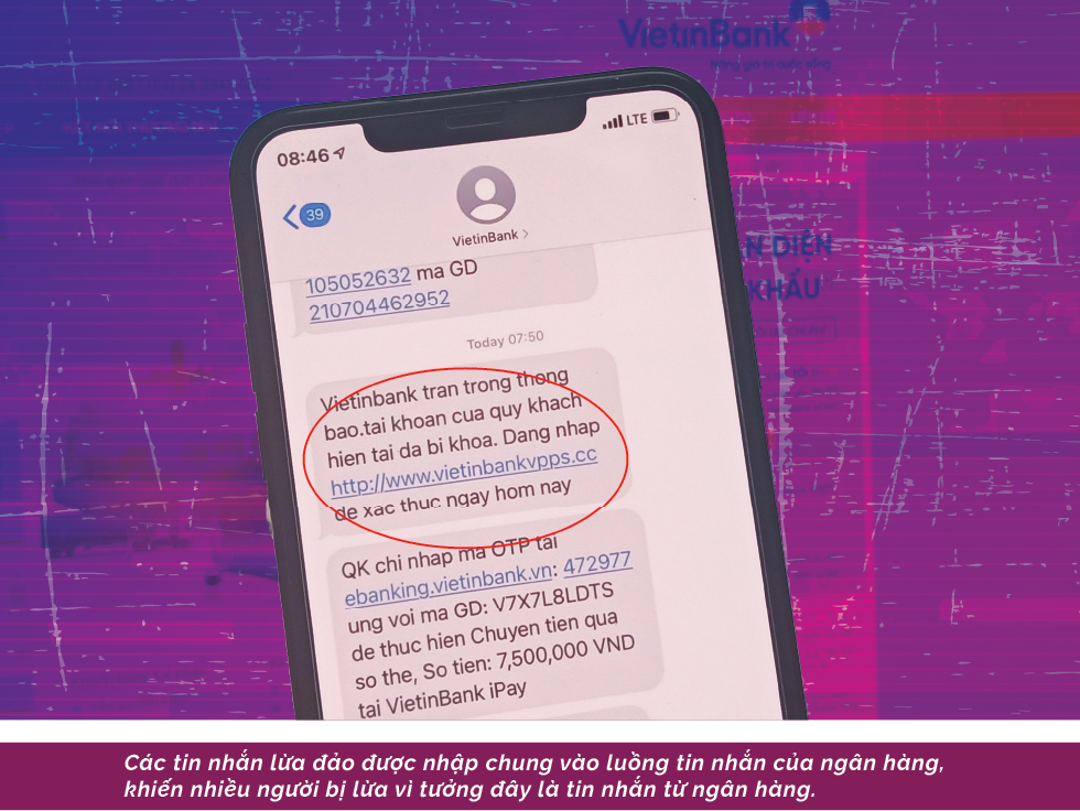 Các tin nhắn lừa đảo được nhập chung vào luồng tin nhắn của ngân hàng, khiến nhiều người bị lừa vì tưởng đây là tin nhắn từ ngân hàng.