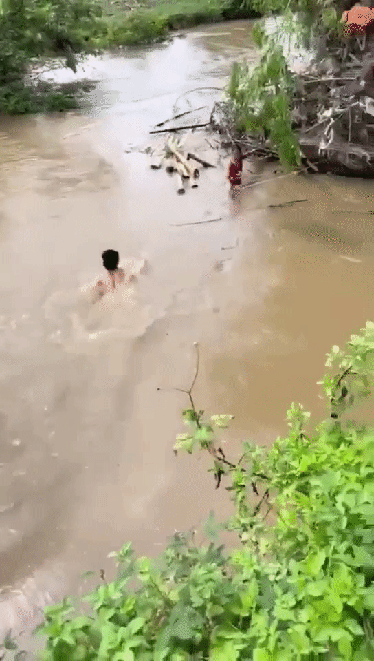 Nín thở theo dõi nam thanh niên cứu bé gái bị nước cuốn, mắc kẹt giữa sông - 1