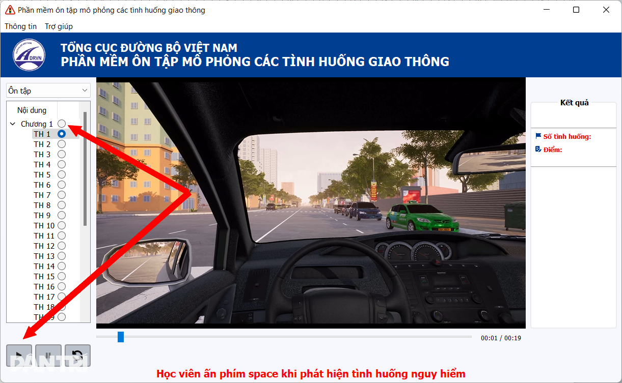 Chọn tình huống giao thông để ôn tập, nhấn nút 