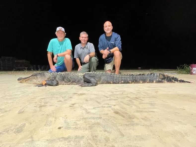 Hai anh em Richie (trái) và Jim Denson (phải) chụp ảnh cùng chuyên gia cá sấu Ricky Flynt (giữa) và con cá sấu vừa bị bắt giữ (Ảnh: MDWFP).