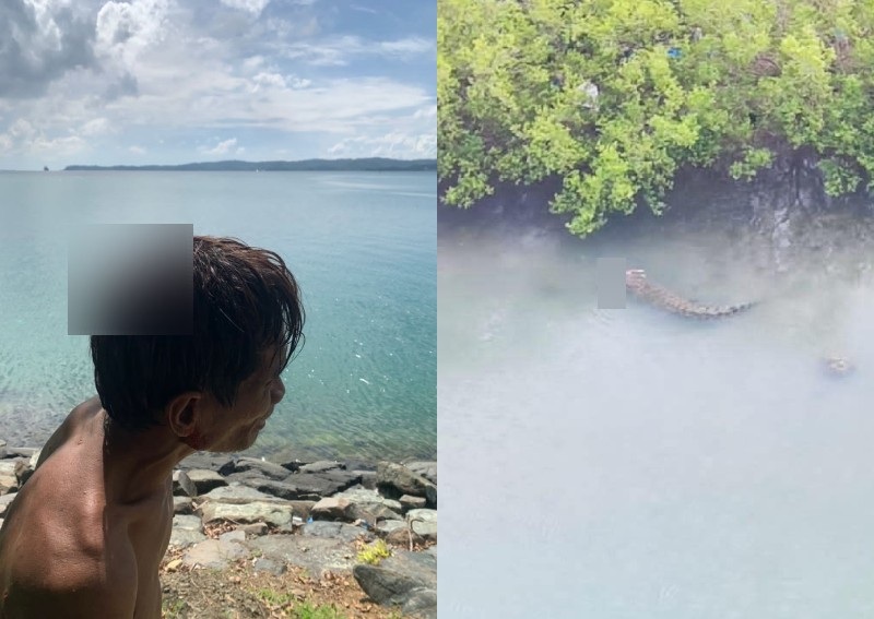 Người đàn ông bị thương ở đầu (trái) và hình ảnh cá sấu ngoạm em bé trong miệng bơi về phía khu rừng ngập mặn (Ảnh: A.O).
