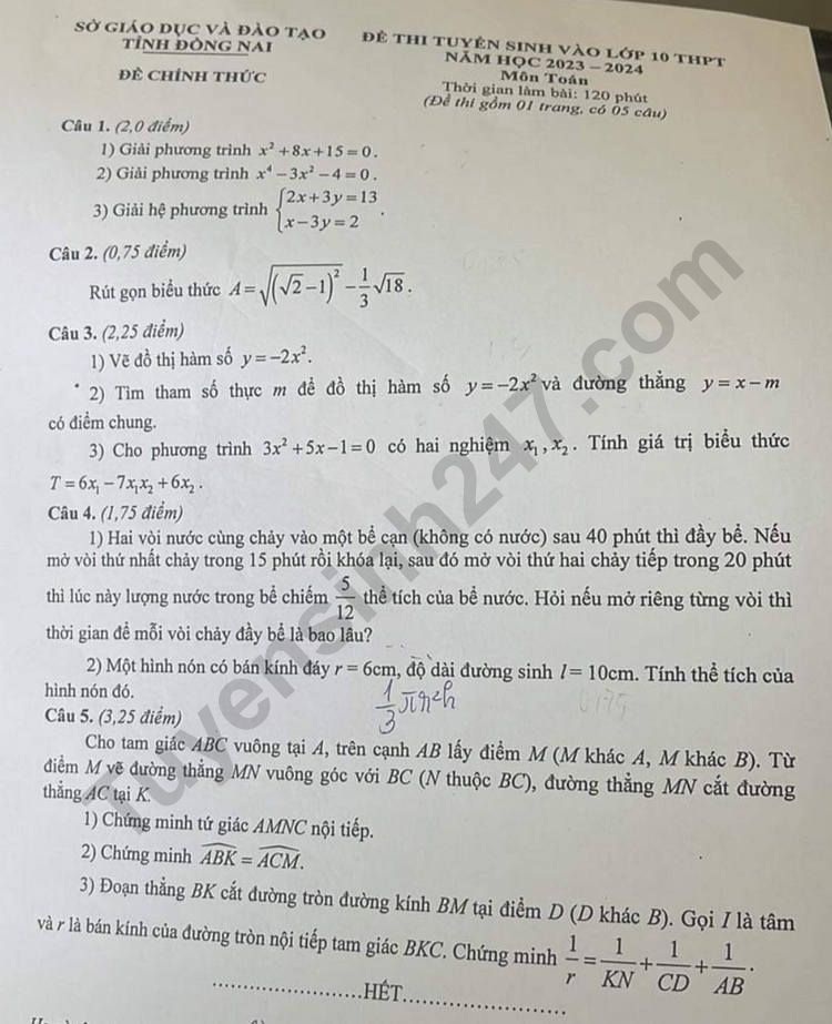 Đáp án gợi ý đề thi toán vào lớp 10 tỉnh Đồng Nai 2023 - 1