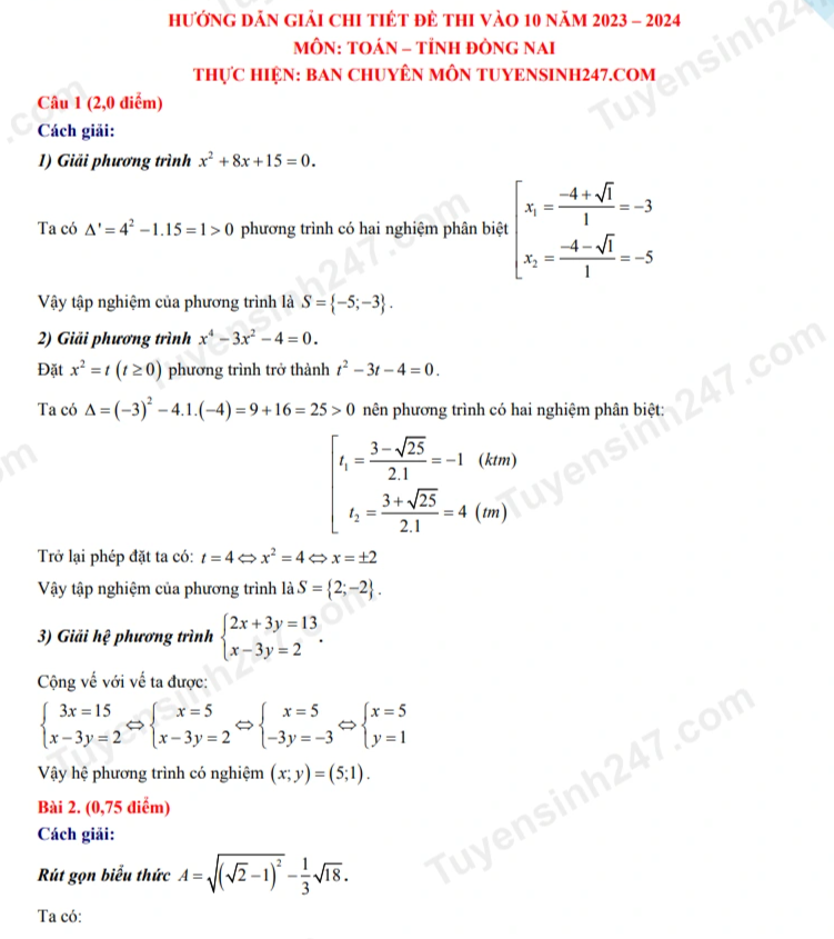 Đáp án gợi ý đề thi toán vào lớp 10 tỉnh Đồng Nai 2023 - 2