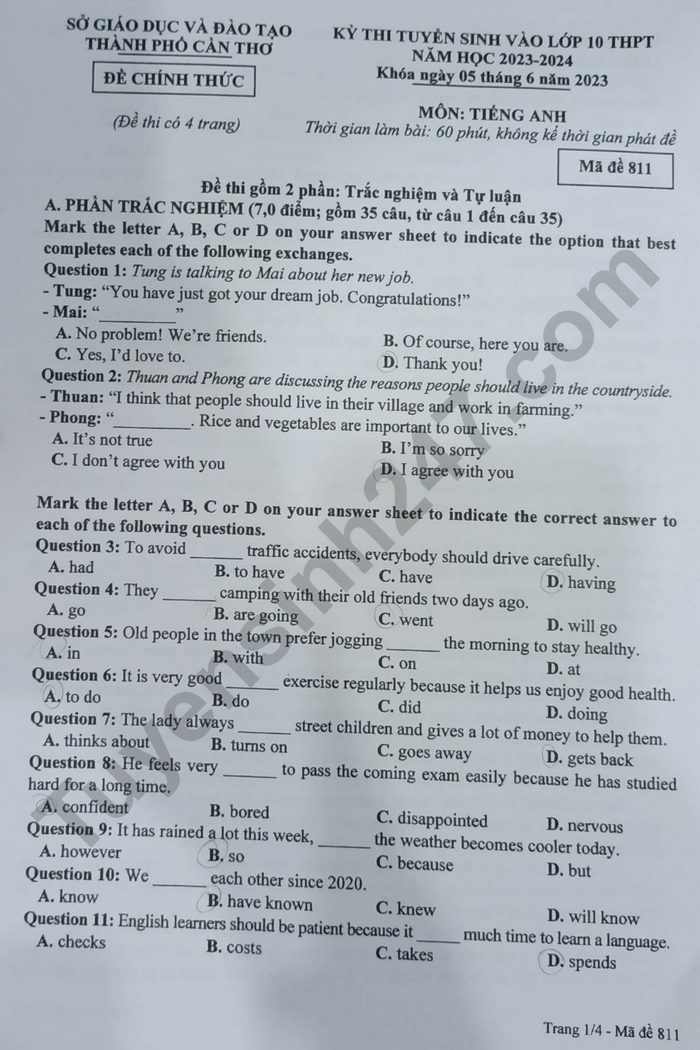 Đáp án đầy đủ môn tiếng Anh thi vào lớp 10 TP Cần Thơ - 2