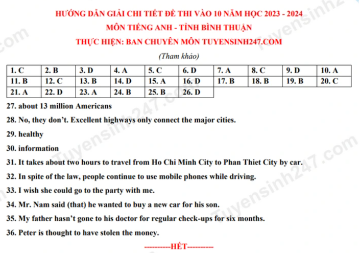 Đáp án môn tiếng Anh lớp 10 năm 2023 tỉnh Tiền Giang, Bình Thuận - 1