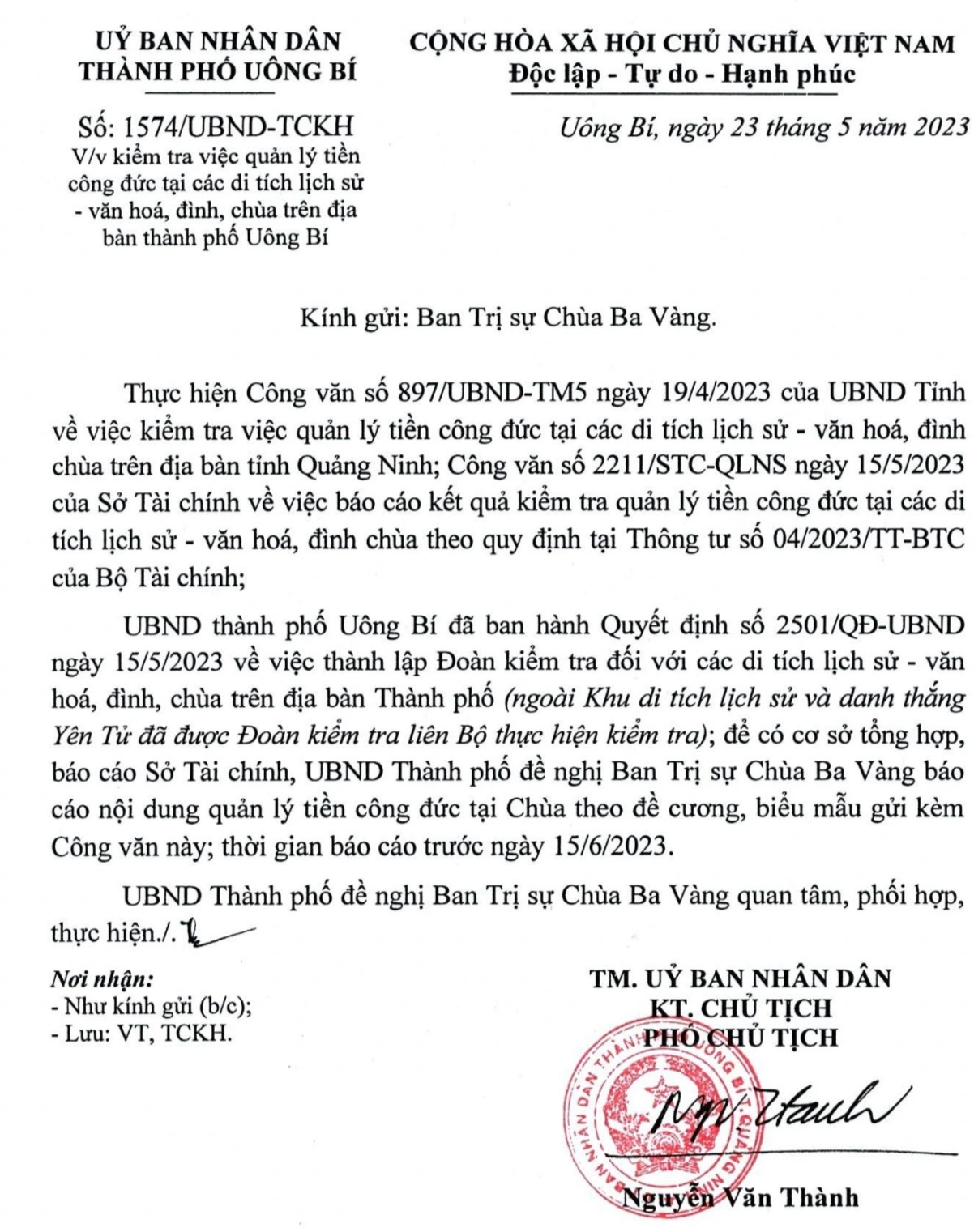 Tiền công đức chùa Ba Vàng: TP Uông Bí từng có văn bản yêu cầu chùa báo cáo  - 1