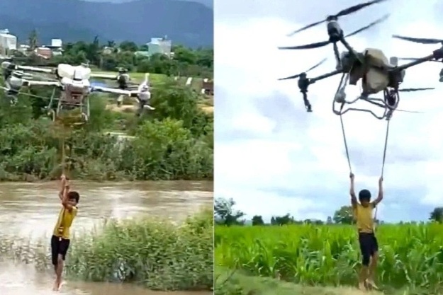 Thanh niên hỗ trợ anh nông dân dùng drone cứu 2 cháu nhỏ giữa dòng lũ