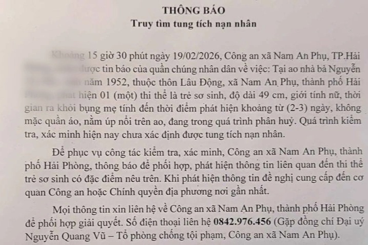 Phát hiện thi thể trẻ sơ sinh tại ao nhà dân ở Hải Phòng