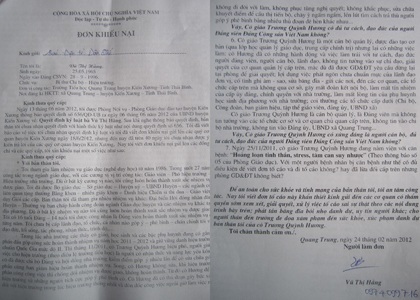 Đơn gửi đến Tòa soạn Báo Dân trí của bà Vũ Thị Hằng - Hiệu trưởng trưởng Tiểu học Quang Trung.