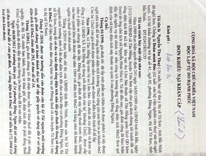 Đơn khiếu nại khẩn cấp bà Nguyễn Thu Thủy gửi Báo điện tử