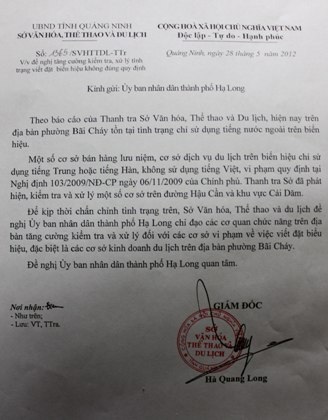 Văn bản đề xuất UBND TP Hạ Long vào cuộc xử lý phố tàu của Sở VHTT&DL tỉnh Quảng Ninh.