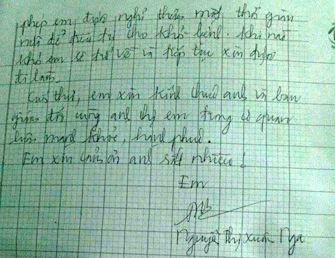 Bút tích trong bức thư bà Nga gửi lãnh đạo cơ quan xin ra hạn đi... chạy nợ. ( Ảnh: H.L)