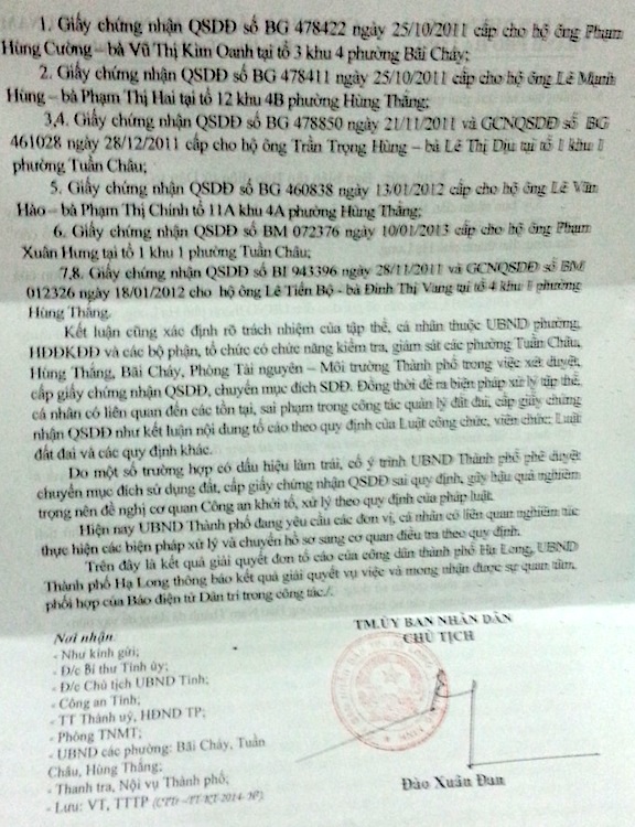 Bắt nguyên phó phòng TN&MT làm thất thoát tiền tỷ của nhà nước - 2 Kết luận của UBND TP Hạ Long về sai phạm của ông Đào Nam Thành và những người liên quan