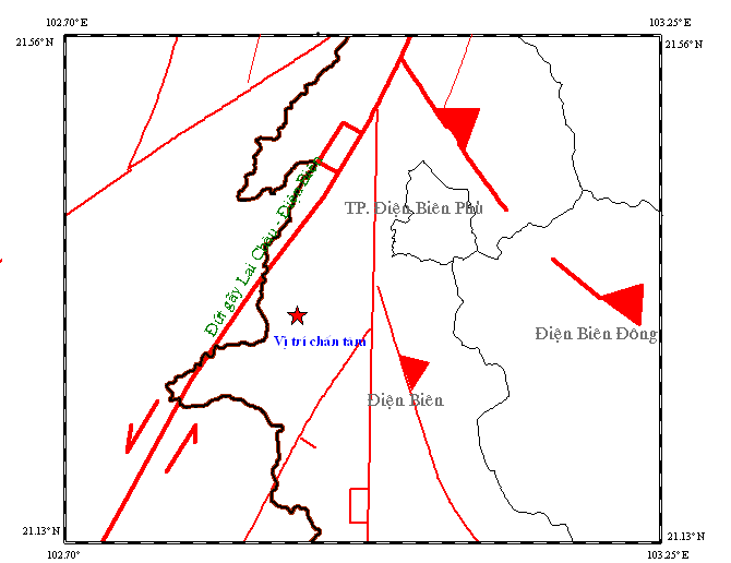 Bản đồ tâm chấn trận động đất tại Điện Biên ngày 20/5.