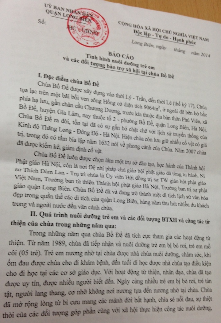 Kết luận về nuôi dạy trẻ, người cơ nhỡ của cơ quan chức năng đối với chùa Bồ Đề.