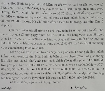 Vụ Bộ trưởng chỉ đạo bắt 4 xe chở gỗ “khủng”: Xử phạt hơn 34 triệu đồng - 2 Báo cáo của Sở GTVT Hoà Bình về việc xử lý xử phạt 4 xe chở gỗ quá tải.