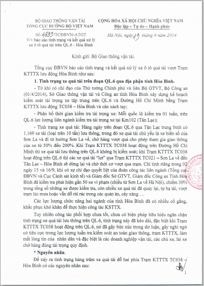 CSGT dẫn xe quá tải tránh trạm cân? - 1 Văn bản của Tổng cục đường bộ Việt Nam có chỉ rõ dấu hiệu vi phạm của lực lượng CSGT Hòa Bình.