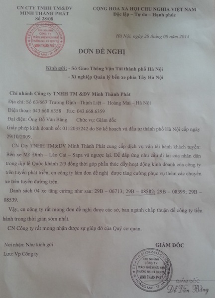 Công văn đề nghi cấp chạy tuyến Hà Nội - Lào Cai - Sa Pa và ngược lại của công ty Minh Thành Phát.
