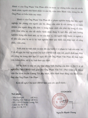 Văn bản tạm đình chỉ đối với Giám đốc Bệnh viện Đa khoa Lương Tài.
