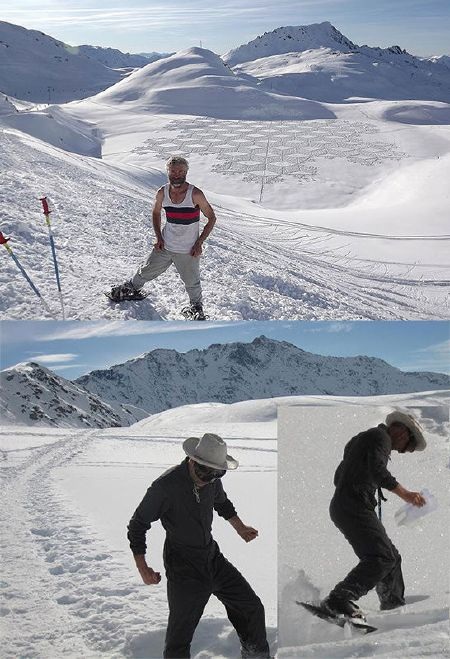 Simon Beck đang dùng chân để vẽ tranh trên tuyết.