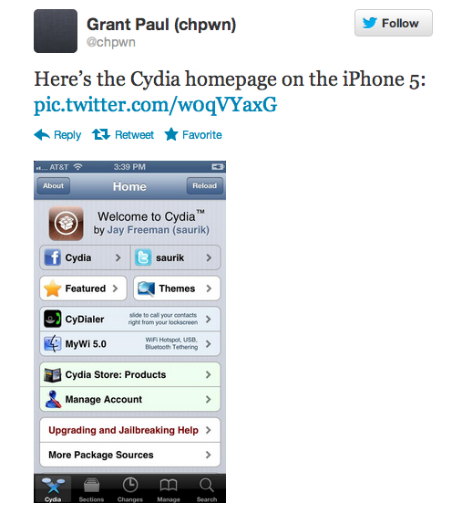 Hacker khẳng định đây là hình ảnh chụp giao diện Cydia trên iPhone 5.